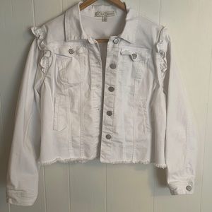 Cato Brand XL white denim jacket with buttons and frayed hem-worn one time